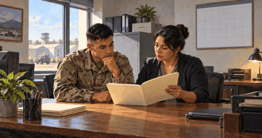 Painted illustration of a service member and clerk reviewing a pay folder.