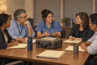 State health officials compare emergency-planning folders at a conference table.