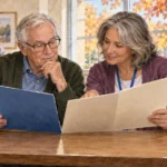 Older adult compares blank coverage folders with a volunteer counselor.