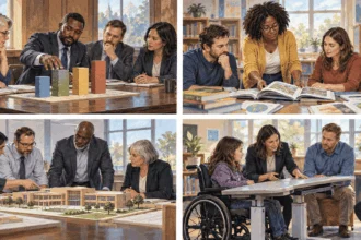 Painted four-panel scene of separate state education groups considering different school policies.