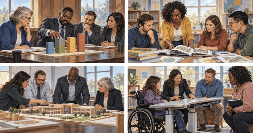 Painted four-panel scene of separate state education groups considering different school policies.