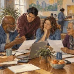 Painted people of several generations discussing household finances around a community table.