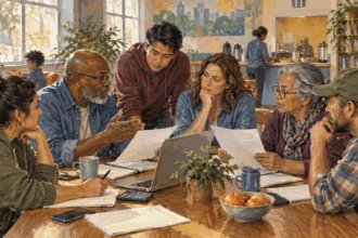 Painted people of several generations discussing household finances around a community table.