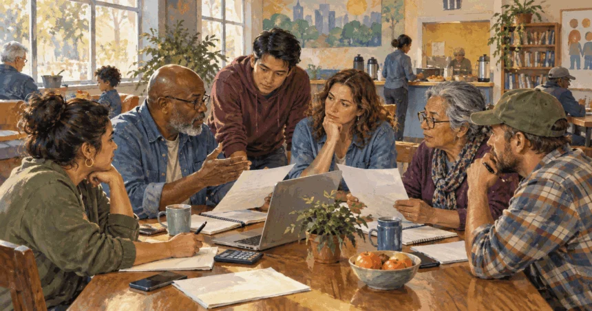Painted people of several generations discussing household finances around a community table.