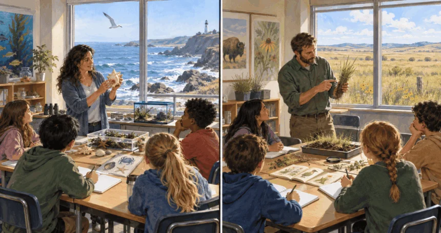 Painted paired scenes of two geographically separate classrooms studying different local topics.