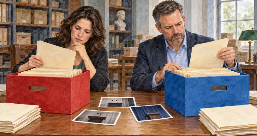 Researchers comparing red and blue political-scandal archives.