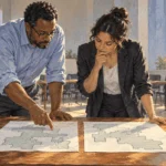 Painted scene of election-law staff comparing possible district maps.