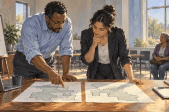 Painted scene of election-law staff comparing possible district maps.