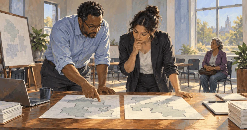 Painted scene of election-law staff comparing possible district maps.