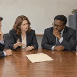 Painted scene of financial analysts discussing a currency support arrangement.