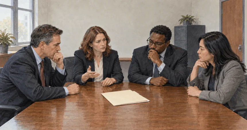Painted scene of financial analysts discussing a currency support arrangement.