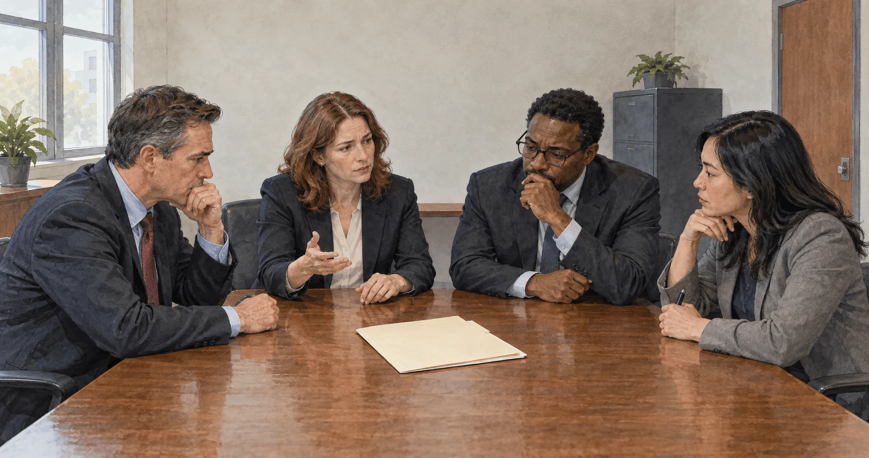 Painted scene of financial analysts discussing a currency support arrangement.