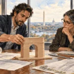 Conceptual painting of planners examining a proposed memorial arch model.