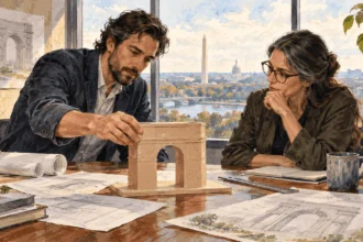 Conceptual painting of planners examining a proposed memorial arch model.
