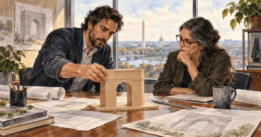 Conceptual painting of planners examining a proposed memorial arch model.