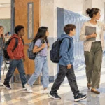 Conceptual painting of a teacher guiding students calmly through a school safety drill.