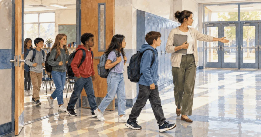 Conceptual painting of a teacher guiding students calmly through a school safety drill.