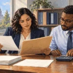 Conceptual painting of analysts comparing state costs with a federal policy folder.