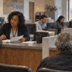 Federal employees handle public requests in a busy office.