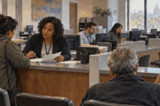 Federal employees handle public requests in a busy office.