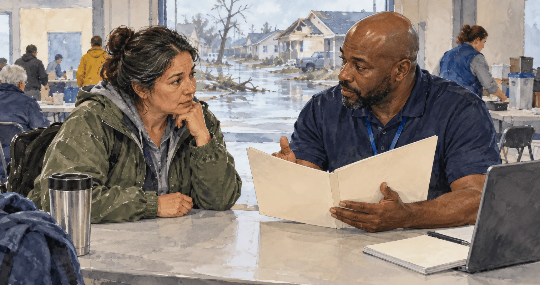 Conceptual watercolor of a resident and caseworker discussing housing options after a storm.