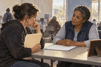 Conceptual painting of a bereaved person quietly asking an assistance worker about a blank folder.