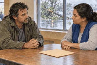 Conceptual watercolor painting of a storm survivor speaking with an aid counselor at a table.