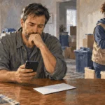 Conceptual painting of a disaster survivor checking a phone beside a blank envelope and recovery supplies.
