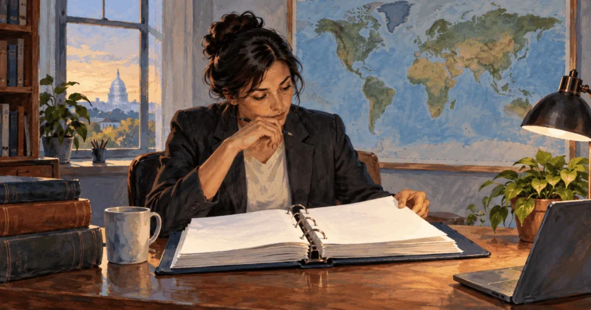 Conceptual painting of a researcher studying congressional war authorization and a world map.