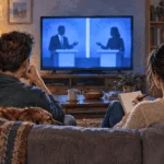 Painted illustration of two viewers taking notes while watching a presidential debate.