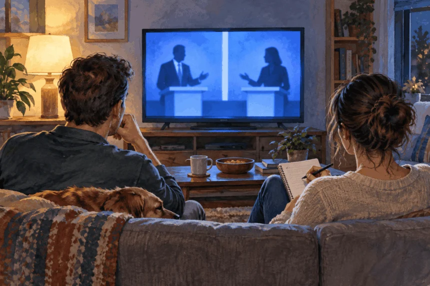 Painted illustration of two viewers taking notes while watching a presidential debate.