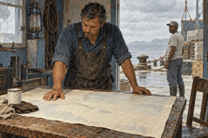 Conceptual painting of two civilians looking over a quiet Caribbean waterfront at dusk.