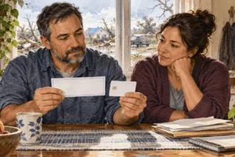 Conceptual watercolor of a resident comparing an unmarked payment card and blank bank slip.