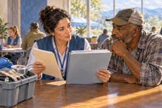 A recovery adviser compares aid and loan options with a resident.