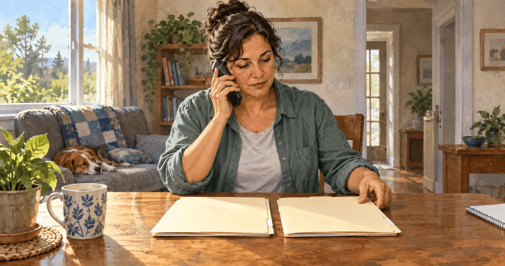 Conceptual painting of a resident comparing disaster aid and regular benefit folders.