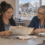 A resident and clerk organize replacement documents after a disaster.