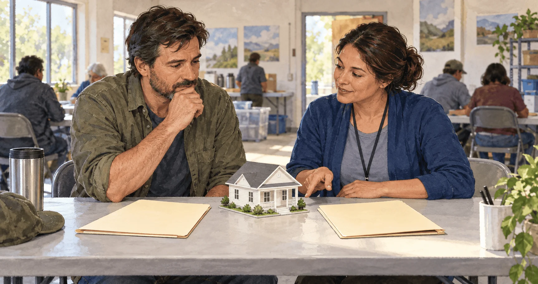Conceptual painting of a disaster survivor reviewing aid options with a counselor.