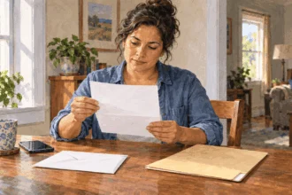 Conceptual painting of a resident reviewing a blank disaster-assistance letter.