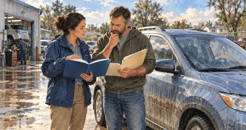 Conceptual watercolor painting of vehicle owner and counselor inspect storm damage.