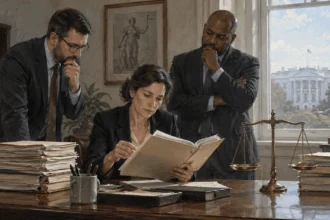 Fictional attorneys review a compensation claim in a government office.