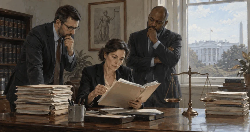 Fictional attorneys review a compensation claim in a government office.
