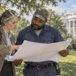 Conceptual painting of preservation staff examining plans near a historic executive residence.