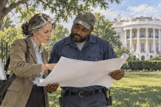 Conceptual painting of preservation staff examining plans near a historic executive residence.