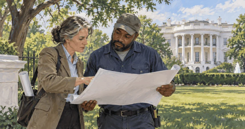 Conceptual painting of preservation staff examining plans near a historic executive residence.