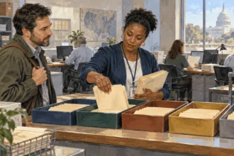 Conceptual painting of an office worker sorting folders into separate trays as a visitor watches.