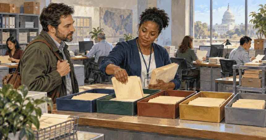 Conceptual painting of an office worker sorting folders into separate trays as a visitor watches.