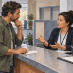 Conceptual painting of a resident asking staff about donation rules while holding a blank envelope.