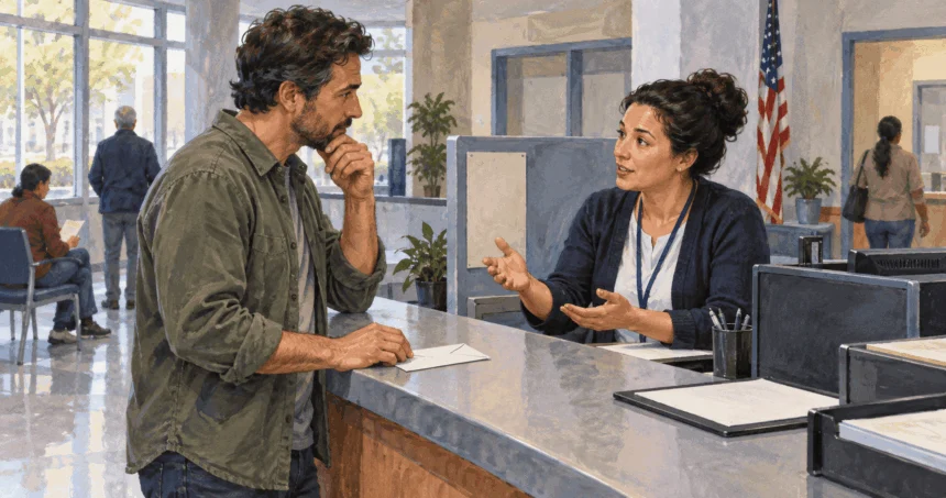 Conceptual painting of a resident asking staff about donation rules while holding a blank envelope.