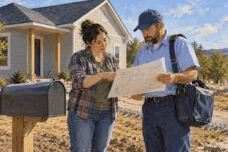 Painted illustration of a homeowner and postal worker discussing a new mailbox.