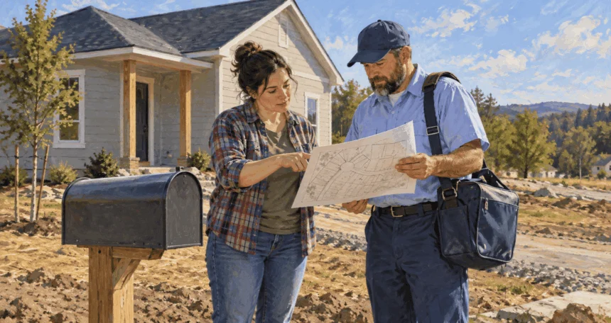 Painted illustration of a homeowner and postal worker discussing a new mailbox.